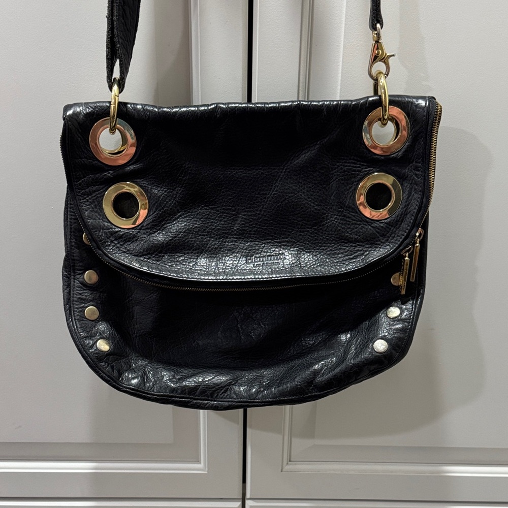 Hammitt Black Leather Shoulder Bag with Gold Hardware and Grommets